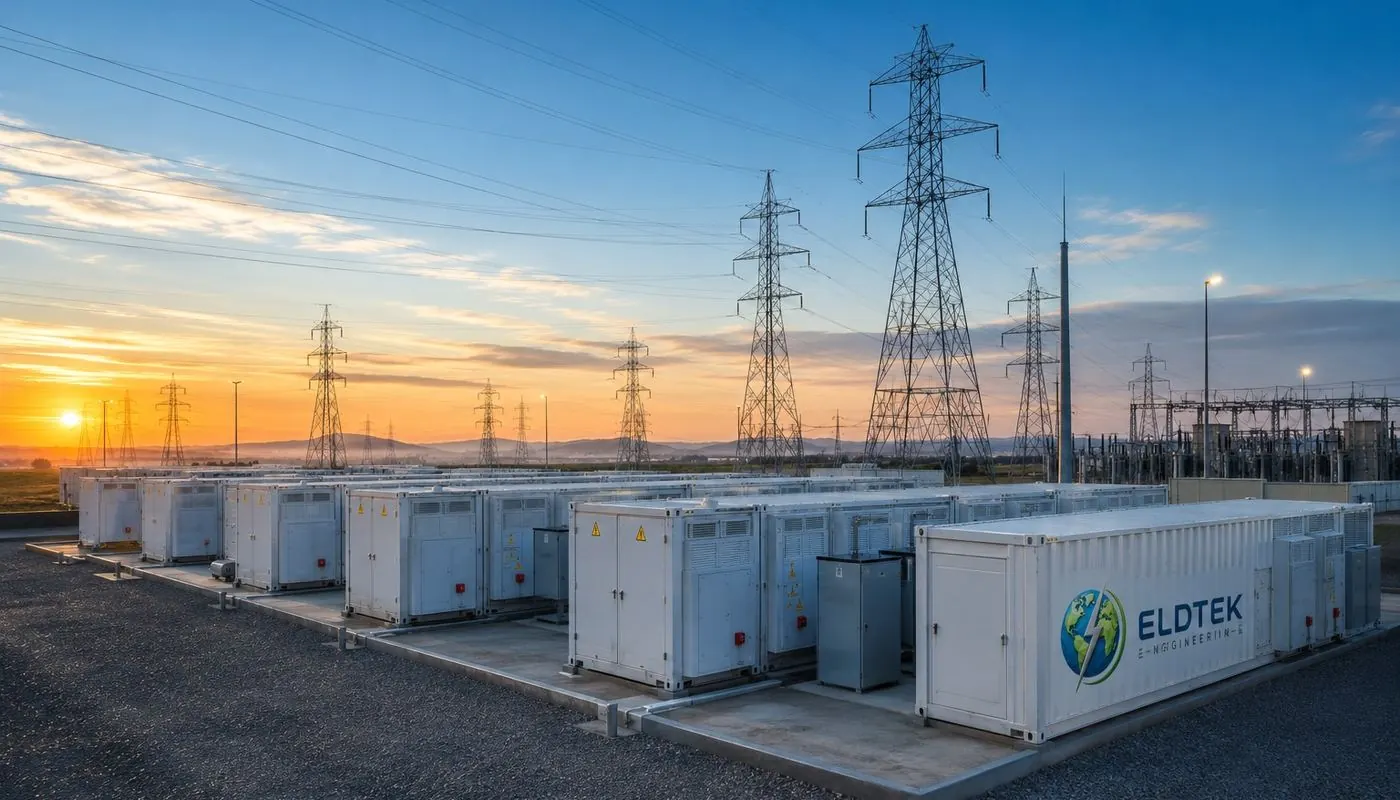 Grid-scale battery energy storage containers at sunset